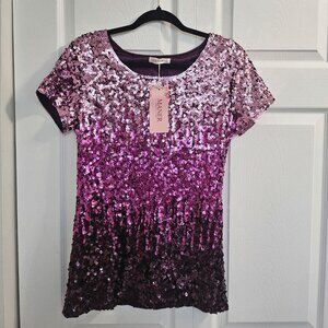 MANER. Full Cover. Sequined. Short Sleeved. Top. Purple Ombre'. Size: Medium.